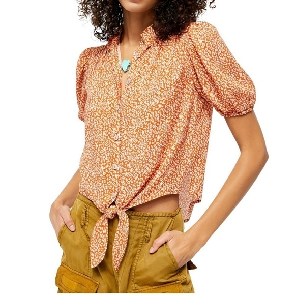 Free People Rust Celia Ditsy Viscose Floral Tie Front Shortsleeve Button Top S - Picture 1 of 17